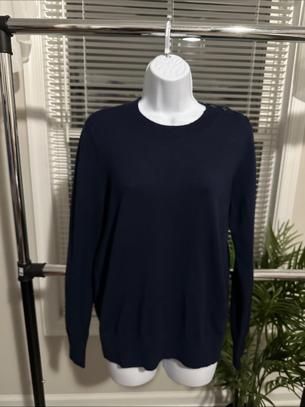 LOFT Navy Button-Shoulder Crewneck Sweater